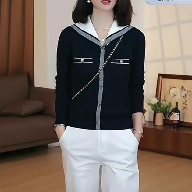 小香风透气海军领长袖针织上衣女2025年冬季时尚休闲显瘦百搭开衫