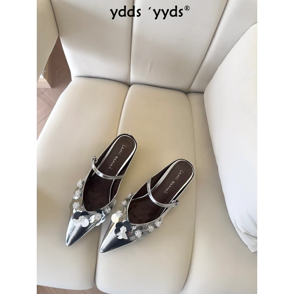 YDD/25春季新款精致花朵缀饰内增高百搭尖头浅口小半拖鞋/4352