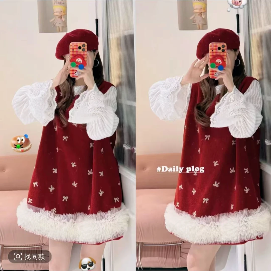 【FAFA】大码女装圣诞系列红色氛围感毛呢拼接蕾丝连衣裙冬季新款