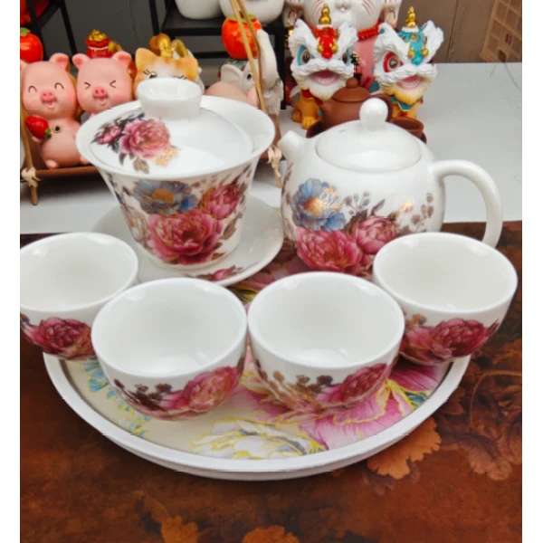 （一壶+盖碗+四杯+茶盘）牡丹喵金羊脂玉瓷西施壶wh2989