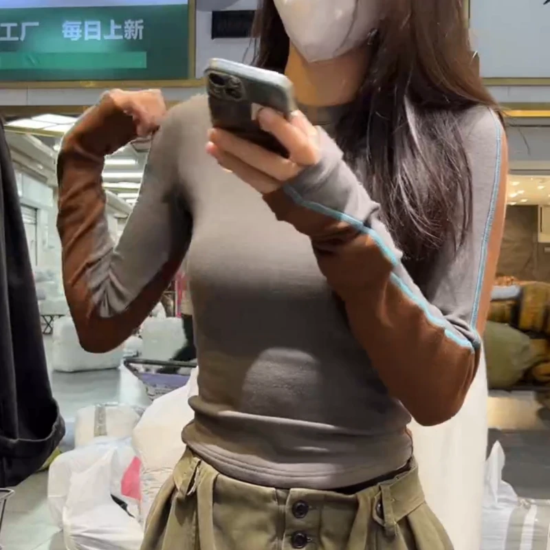 【撞色拼接】小众设计磨毛长袖T恤百搭显瘦上衣LK2508282