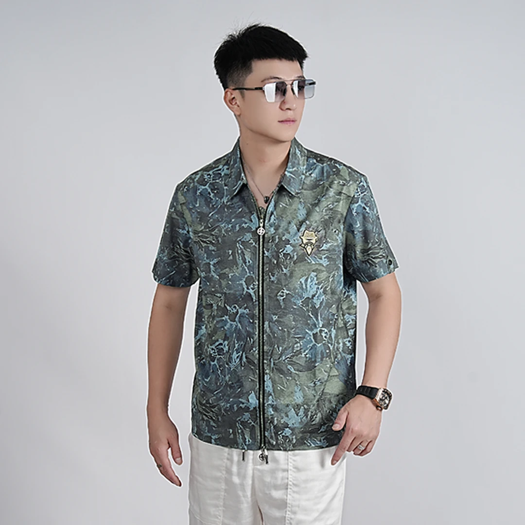 2025夏季新款时潮流爆款冰丝提花男士时尚休闲百搭双拉链短袖外套