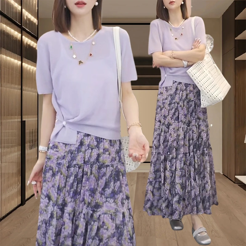 时尚都市风流行时尚套装女2025夏季新款针织上衣碎花半身裙两件套