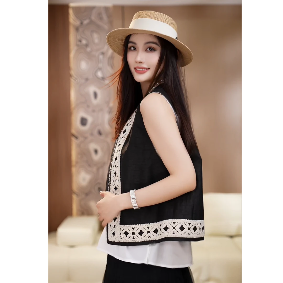 香云纱拼接马甲马夹蕾丝小香风气质镂空小众无袖夏季百搭时尚