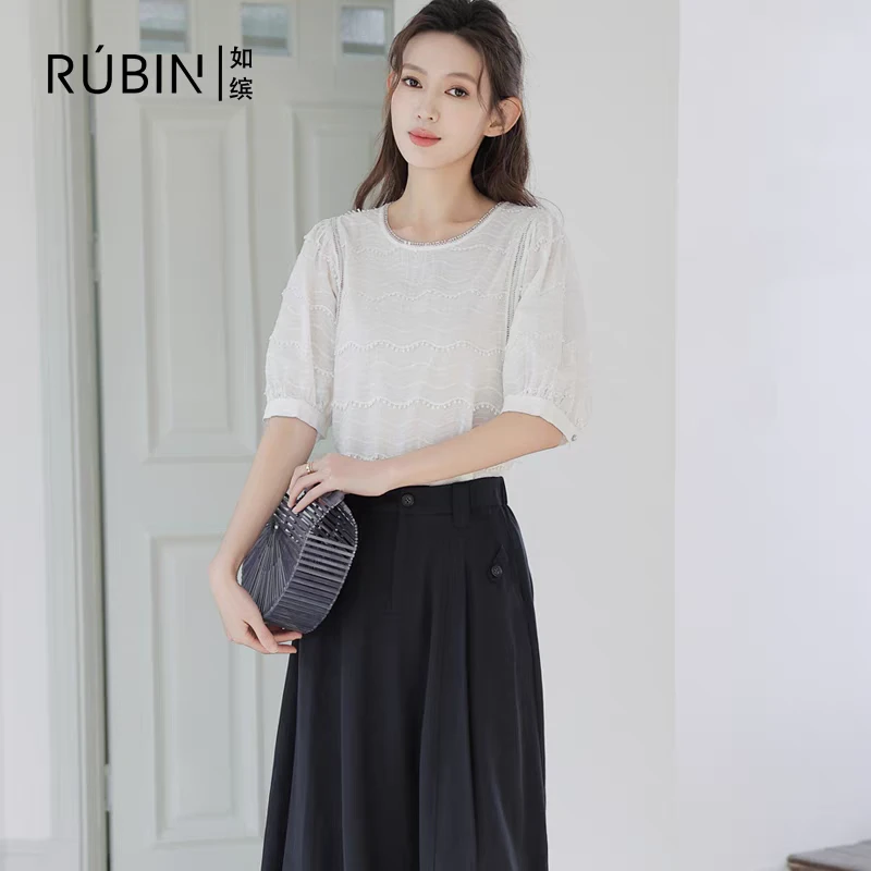 如缤RUBIN2024夏季款正品女百搭显瘦上衣纯色短袖小衫6L24S64078