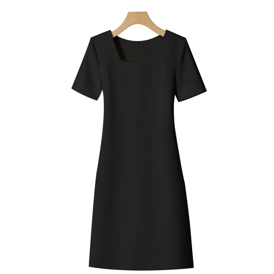 短袖方领女士夏季连衣裙设计师法式裙子收腰轻奢百搭简约A字裙