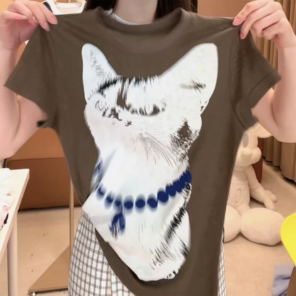 2025春夏新款百搭简约显瘦猫咪印花短袖T恤上衣女C5526