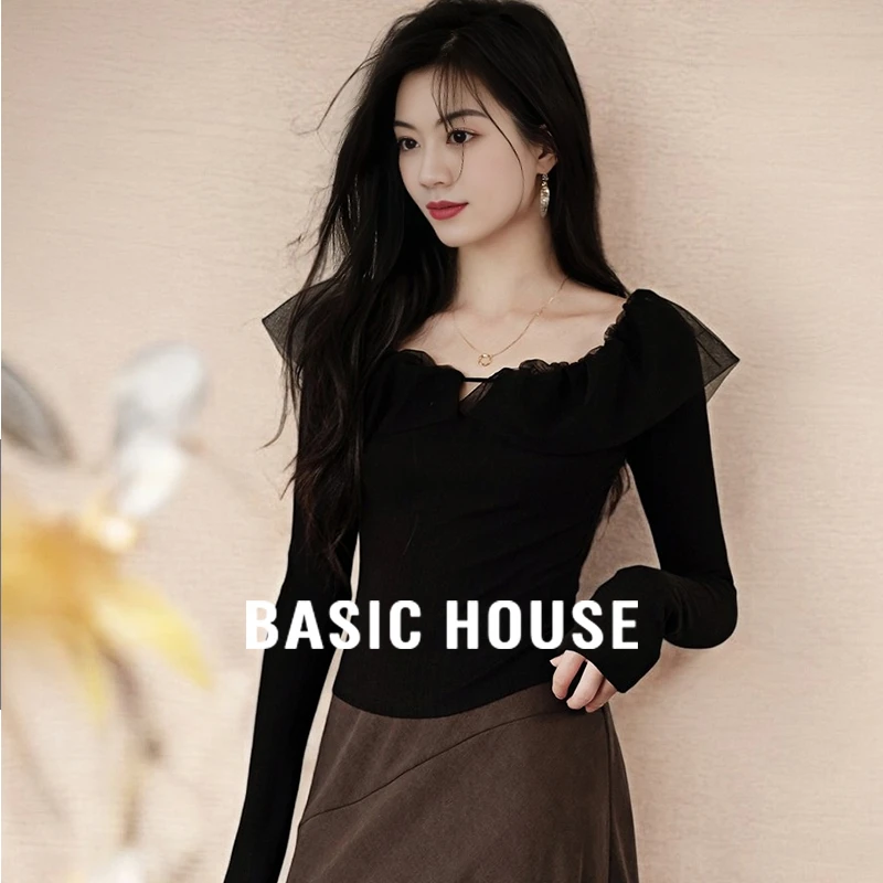 Basic House/百家好荷叶边一字领针织衫女秋冬打底衫修身短款上衣