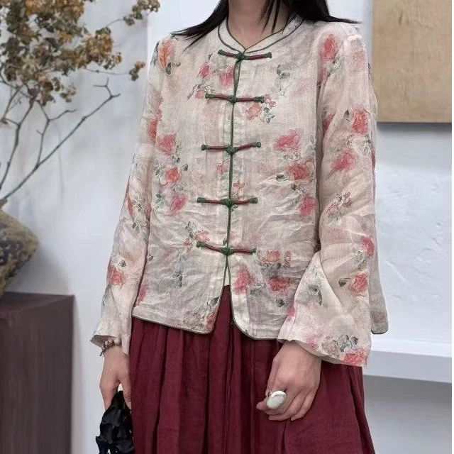 春季吸汗圆领中国风新中式衬衫女装提花时尚印花斜襟民族风
