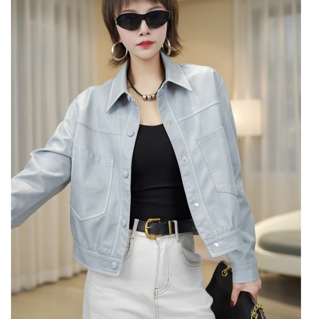 高级质感皮衣女手工擦色2025秋季新款皮夹克翻领休闲短款女士外套