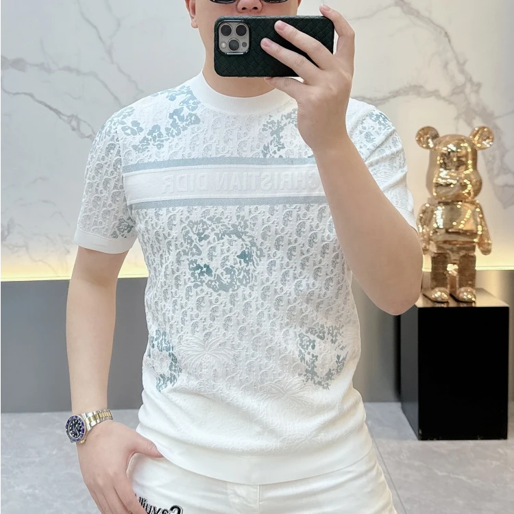 尼皮怀恩夏季新款潮流帅气伊力特冰丝提花针织半袖百搭短袖T恤男
