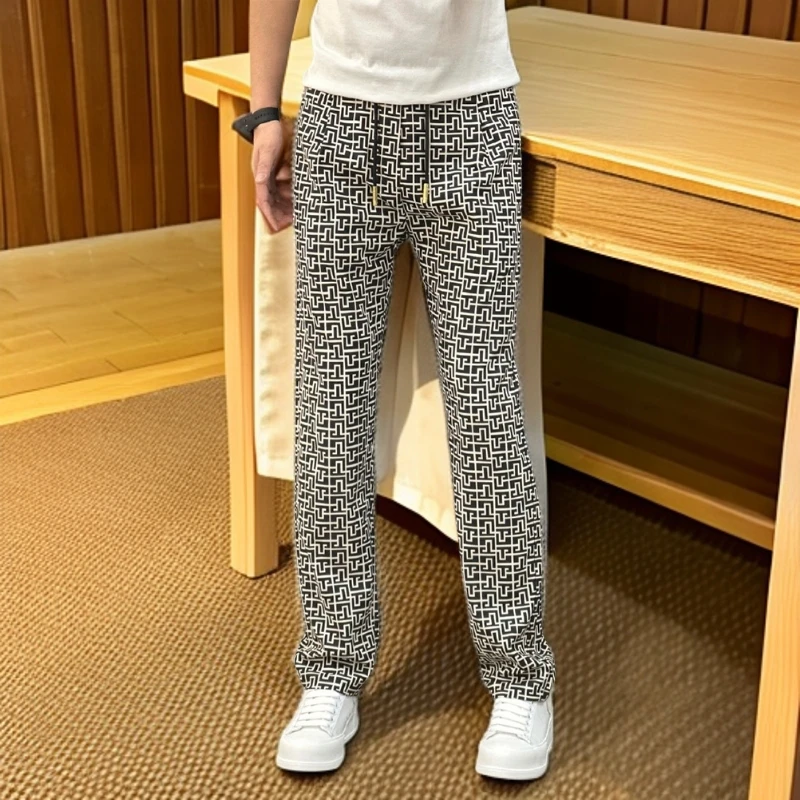 维斯克纳男士拼接直筒休闲裤夏季新款冰丝凉感速干透气微阔腿长裤