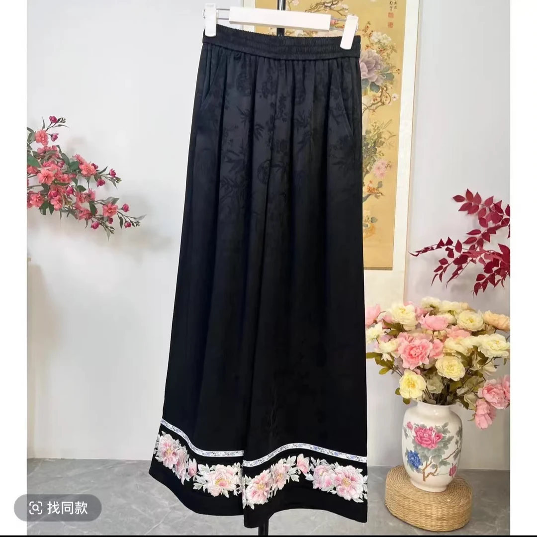 新款绣花春季裤子中式提花休闲宽松直筒百搭国风刺绣直筒裤松紧腰