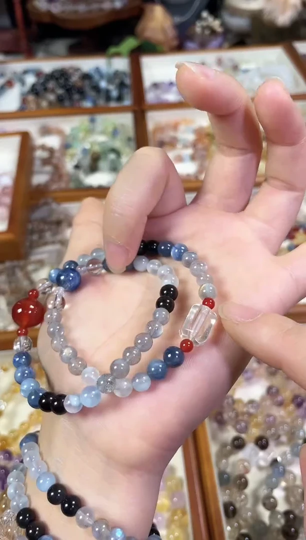 未镶嵌手串水晶海神双圈】天然灰月光海蓝宝蓝晶石双圈手串