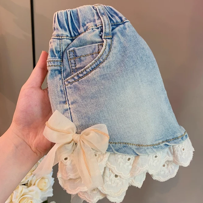 【热推爆款】女童短裤2025夏季新款洋气儿童花边蝴蝶结牛仔短裤宝宝