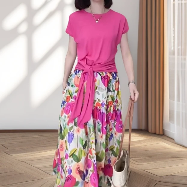 【度假风套装】夏季多巴胺宽松系带上衣高腰碎花拼接半身裙女 99414