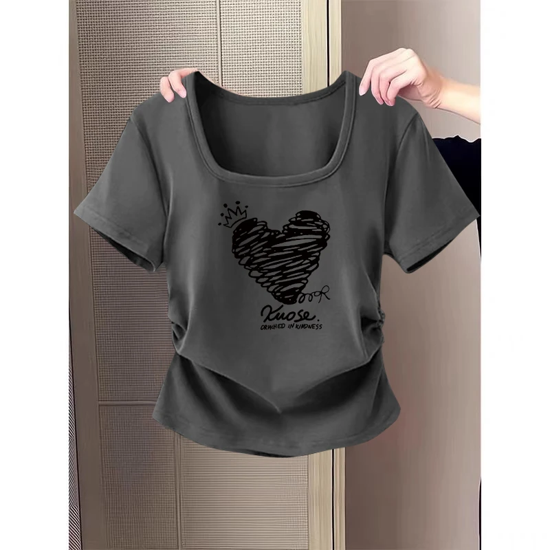 大码女装胖mm辣妹方领正肩t恤女短袖洋气百搭修身显瘦褶皱上衣服