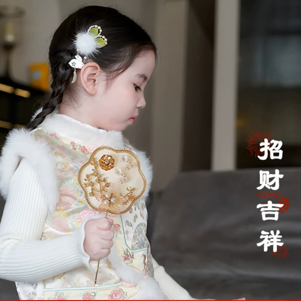 汉服女童拜年服马甲套装2025新款冬装女宝宝国风唐装棉服过年衣服