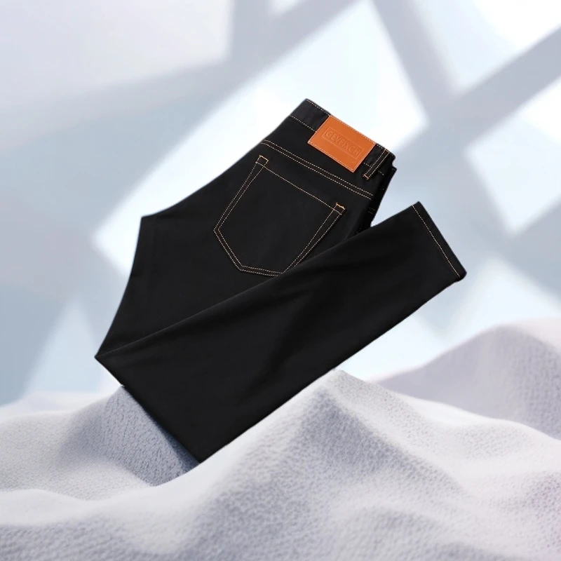 宾斯洛特夏季薄款潮牌黑色牛仔裤男弹力休闲纯色修身小直脚长裤