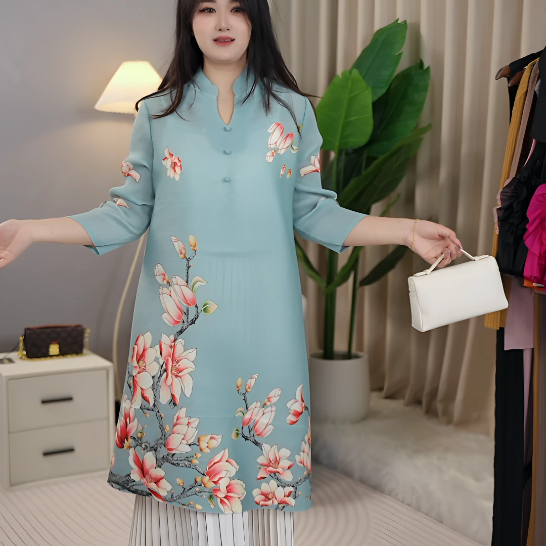 明星同款兰花印花抖抖连衣裙女