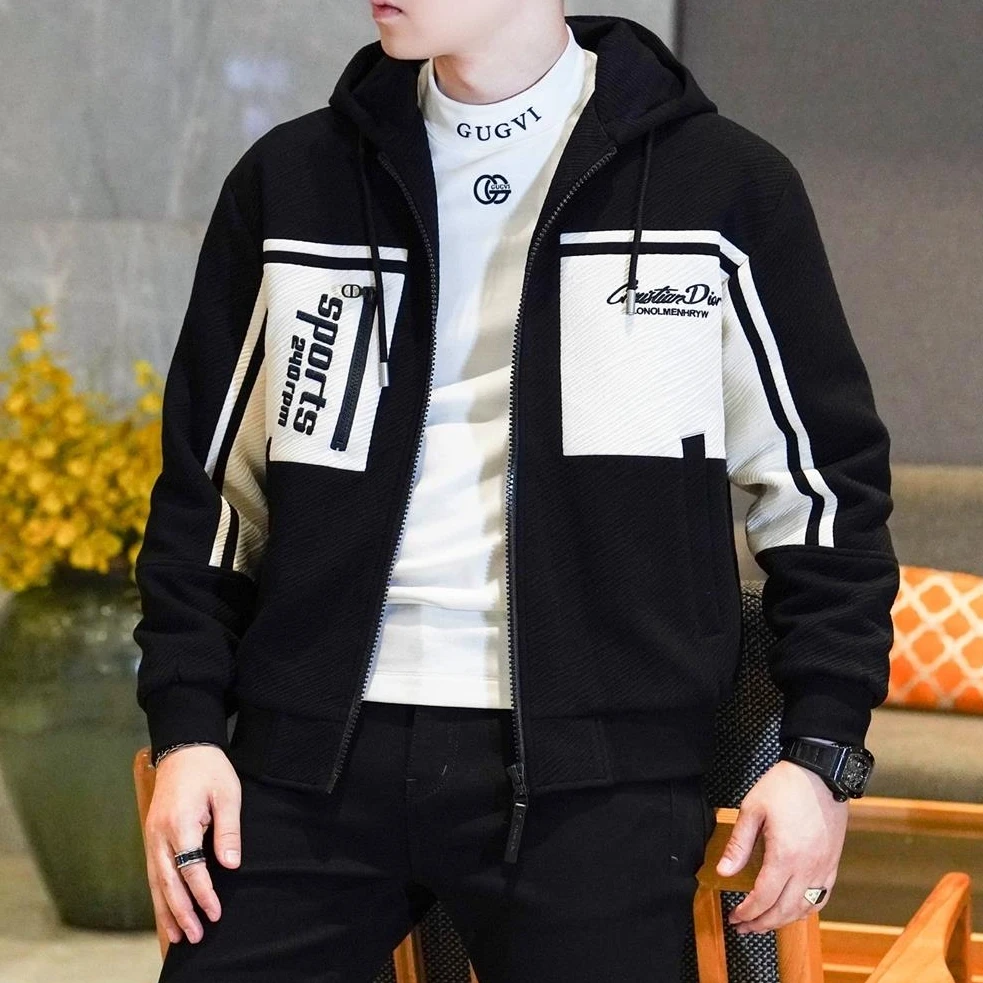 2025秋冬新款男士时尚撞色连帽羽绒服男加厚字母印花休闲外套潮牌