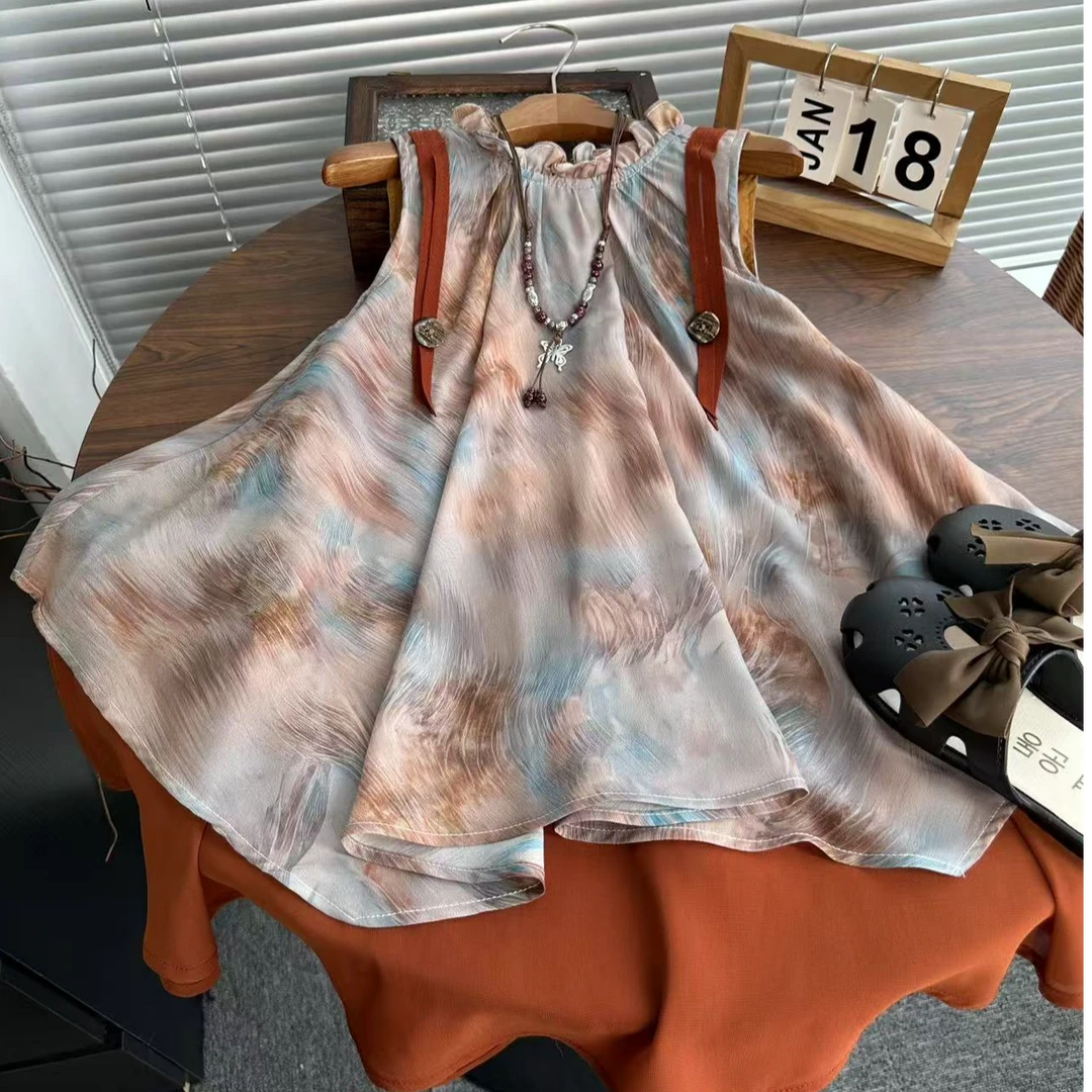 【落日晚霞】女童复古连衣裙夏季新款墨无袖公主裙渐变扎染裙子