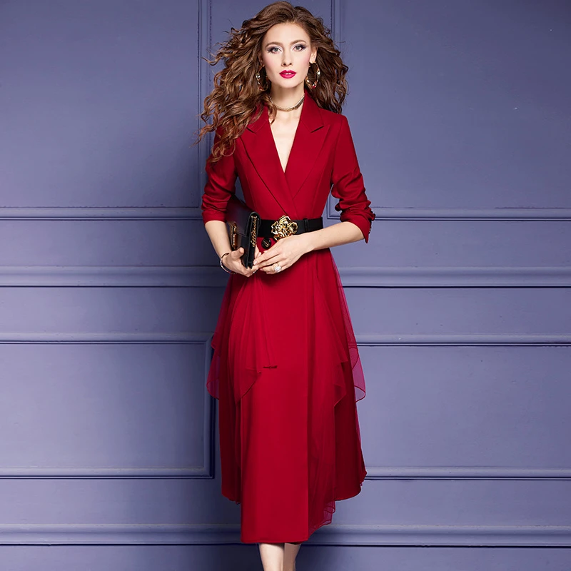 菲梦伊红色西装连衣裙女春季新款时尚收腰网纱拼接中长裙子52965