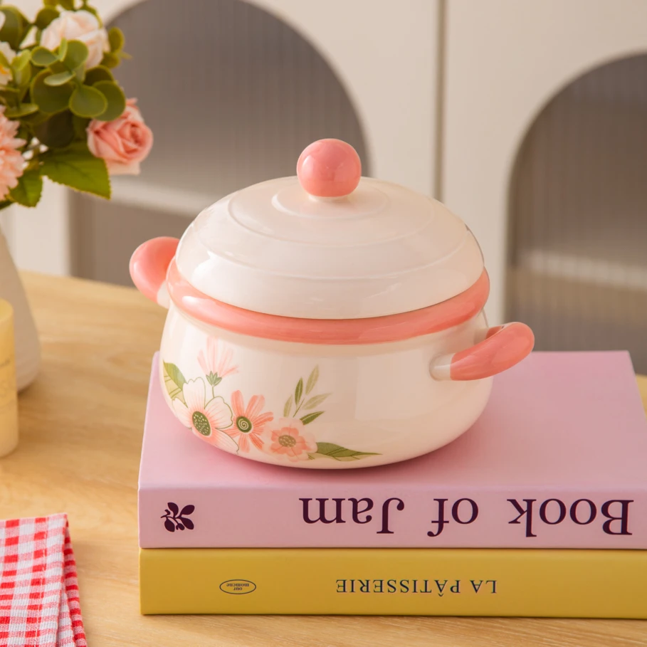 家用陶瓷餐具美二烧釉下彩可爱小清新珊瑚海双耳圆豆汤碗(一套)