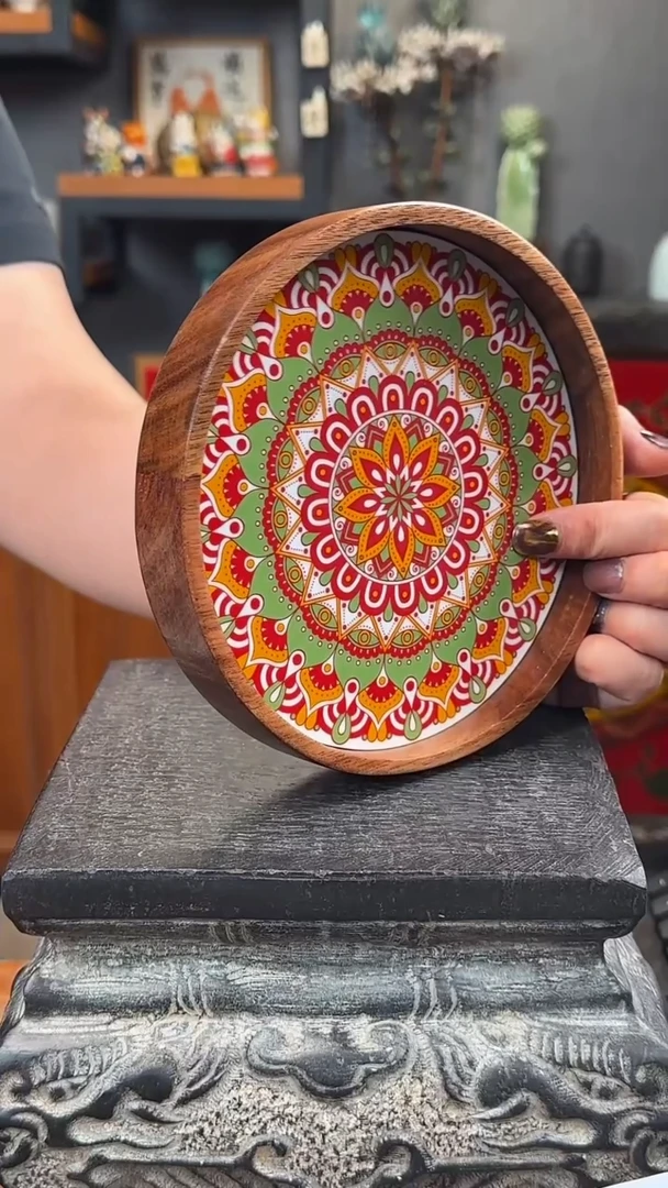 摆件宝相花+手工釉上彩茶盘相思木