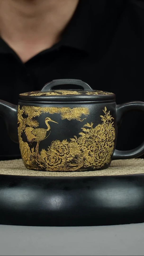 茶壶紫砂石黄 汉瓦 仙鹤 描金