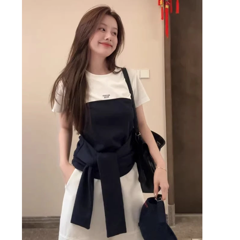 时尚假两件撞色拼接绑带短袖T恤女2025夏季新款显瘦气质百搭上衣