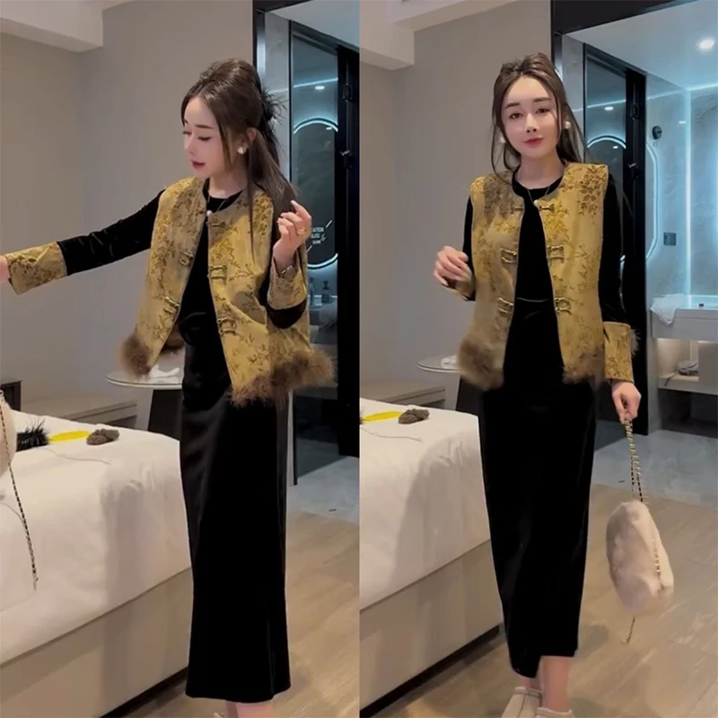 2025秋冬时尚穿搭套装名媛风新中式提花马甲打底衫半身裙三件套