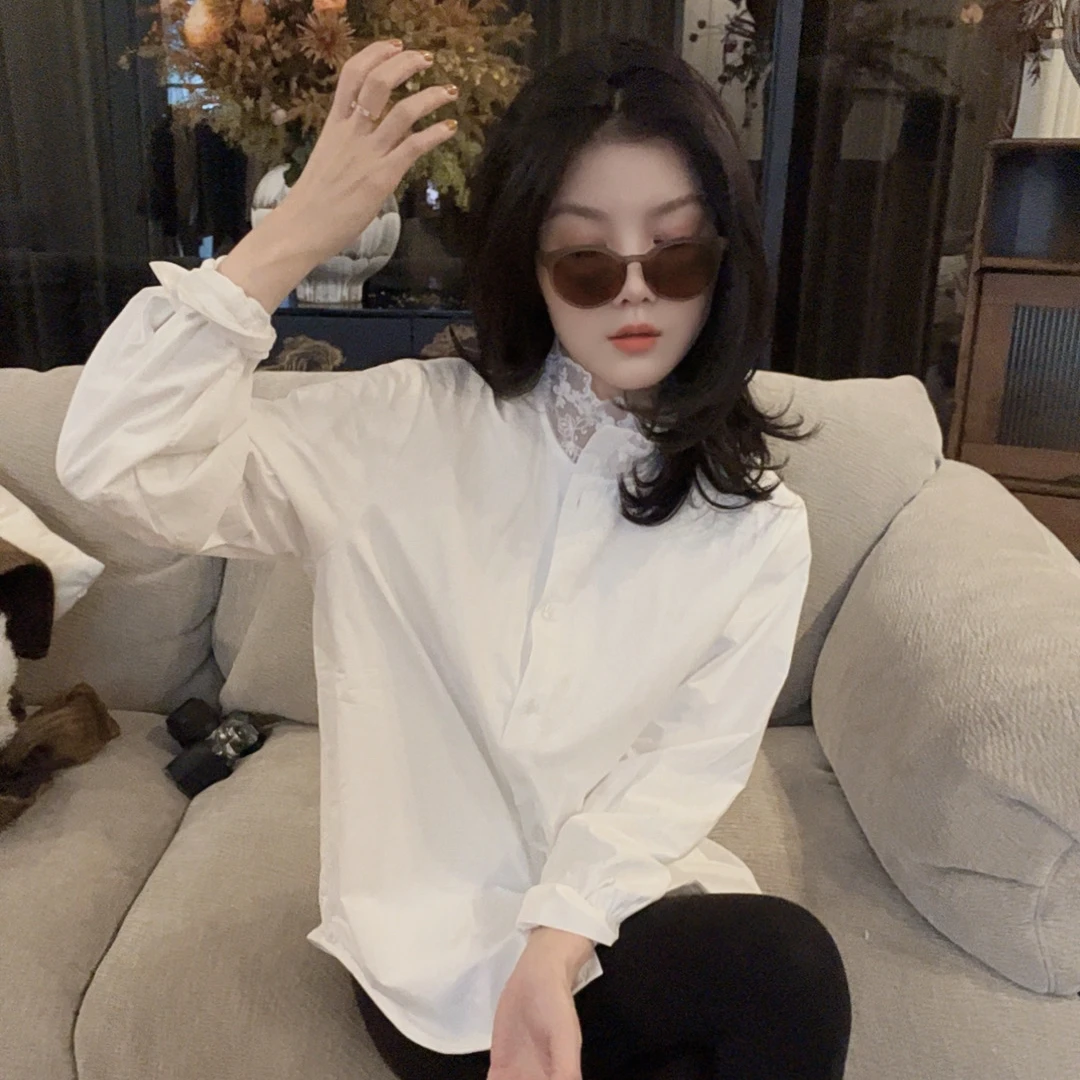 【悦悦专属】新款气质小众重工蕾丝立领拼接长袖衬衣Y1258