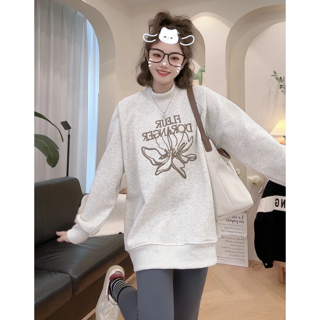 【玉兰花开】韩版卫衣半高领宽松加绒加厚休闲百搭圆领套头秋冬