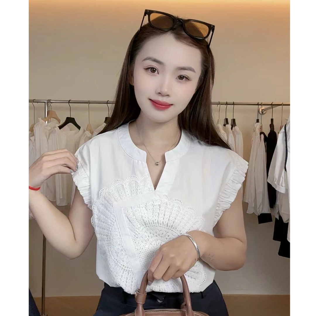 075 夏装新款设计感小众白色小V领衬衫宽松显瘦上衣