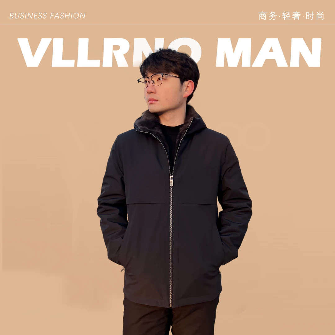 VLLRNO/威尔诺新款男士整貂进口铁灰貂内胆尼克服连帽时尚外套