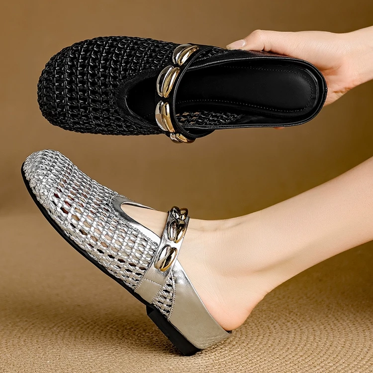 诗宝斐尔银色编织镂空包头半拖鞋女时尚外穿圆头内增高穆勒凉拖鞋