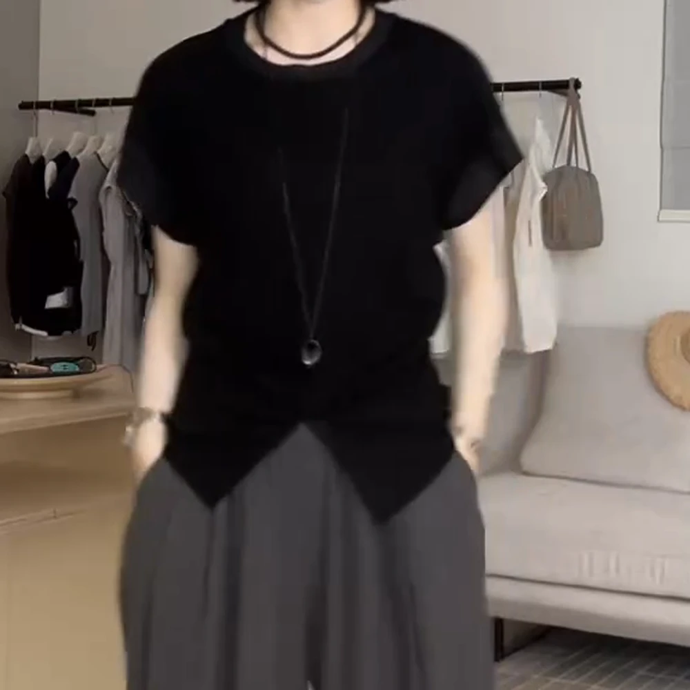 坎袖收腰显瘦圆领T恤女韩系简约休闲透气时尚夏季上衣C5274