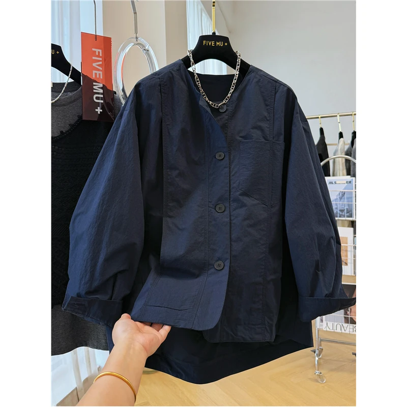 特大码300斤设计感休闲风衣式外套男女秋季宽松薄款圆领衬衫夹克