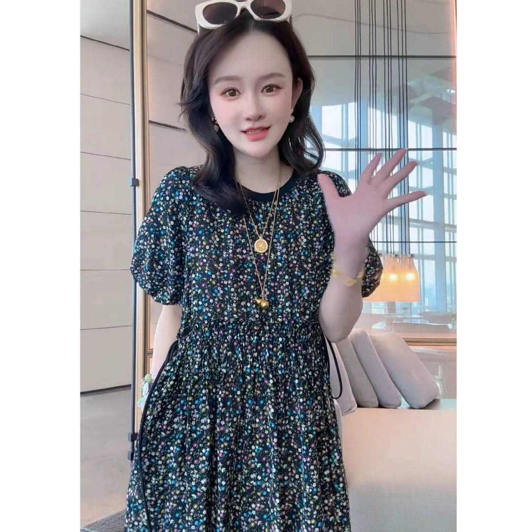 【丝芙玉禄】（S464）真丝圆领印花时尚碎花气质桑蚕丝女装连衣裙