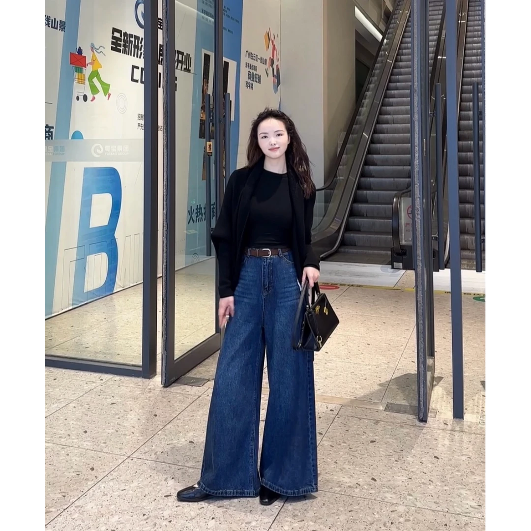 2026春季新款A版高腰复古阔腿裤牛仔裤女宽松百搭休闲港风显瘦#