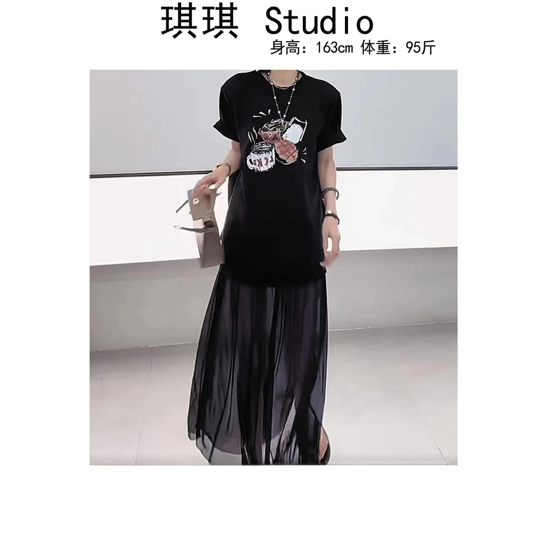 《琪琪家》夏季新款甜美洋气半身裙印花休闲百搭短袖两件套-CS