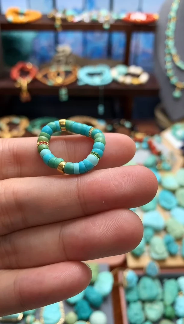 银S925镶嵌绿松石戒指高瓷绿松石大肠戒指