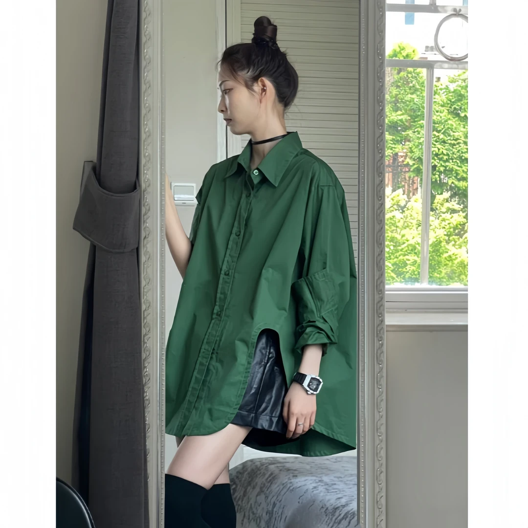 发财绿凹槽衬衣+PU短裤秋季单排多扣衬衫春秋ins设计感韩版套装女