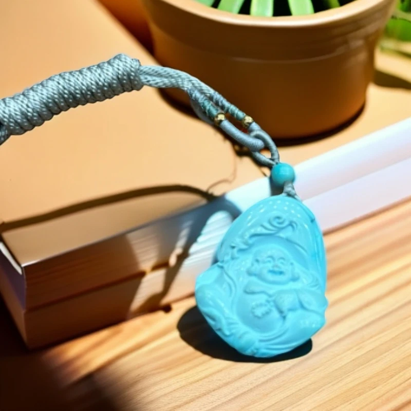原矿高瓷蓝绿松石雕刻弥勒佛吊坠
