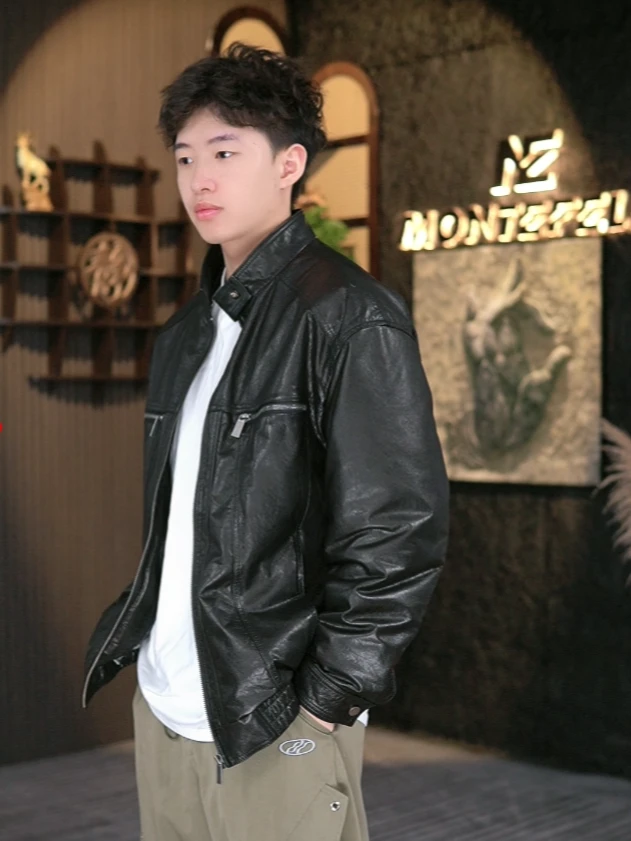 真皮男装休闲百搭内胆可脱卸桑蚕丝内胆机车秋冬夹克 修身24009