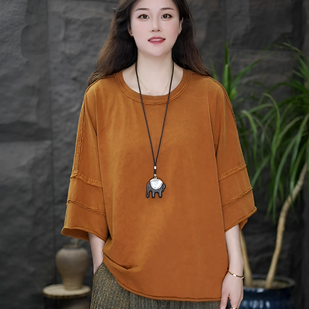 GG大码纯色宽松显瘦T恤时尚百搭圆领落肩袖套头圆领短袖上衣女