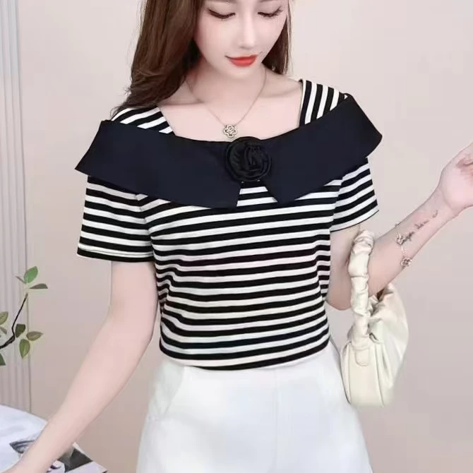 小鑫肝@现货浮力一字肩缎面花边花朵气质百搭T恤 828