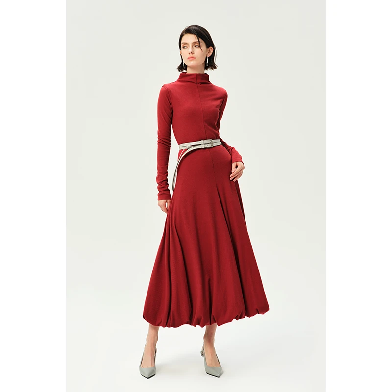 HERLAND她地 【海棠】早春针织裙弹力堆堆领收腰显瘦包臀垂坠感长裙