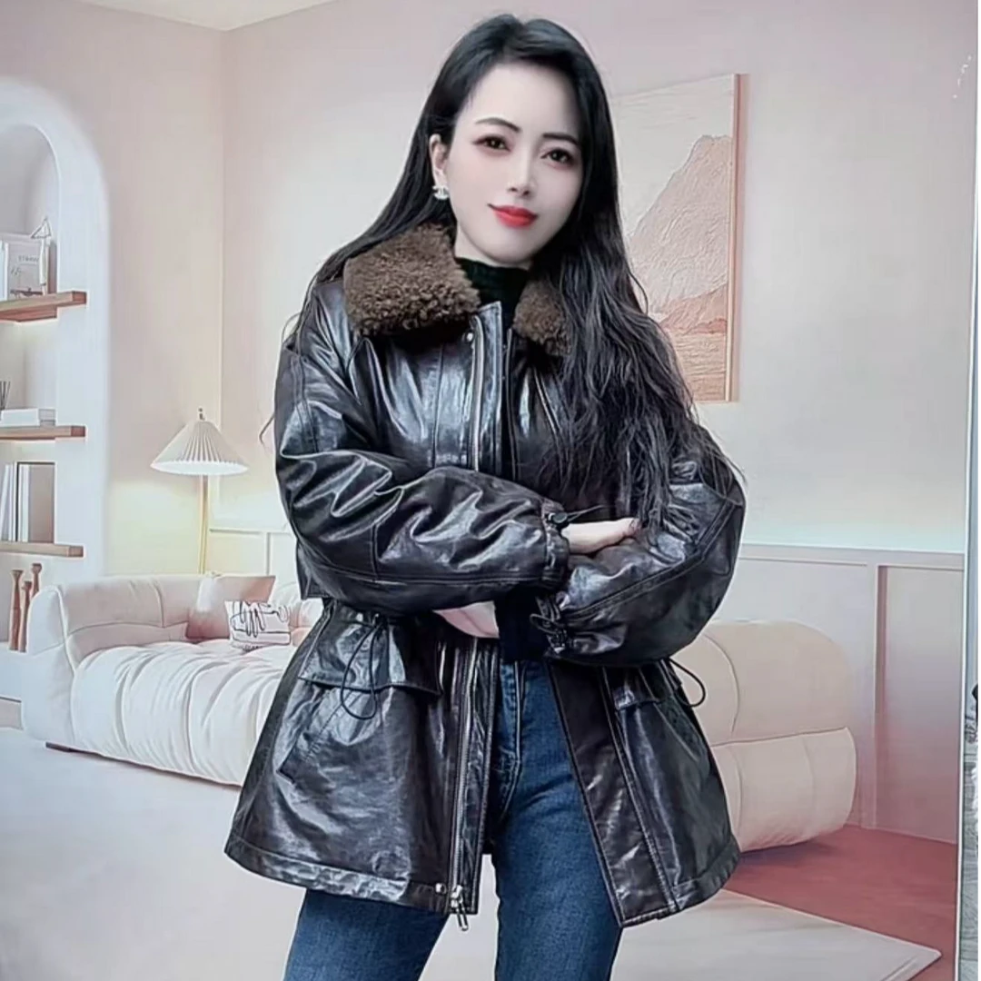 羊毛领脱卸翡翠油蜡绵羊皮90白鹅绒中长款收腰保暖真皮派克皮羽绒